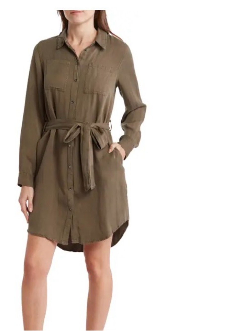 Velvet Heart Olive Button-Front Shirt Dress with Tie Waist
